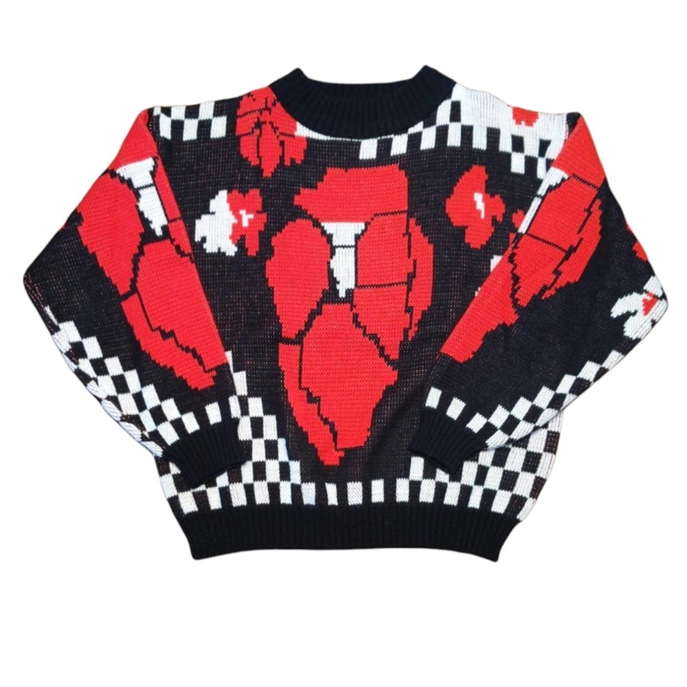 Vintage Cherry Stix 80s Checkered Abstract Floral Acrylic Sweater Med